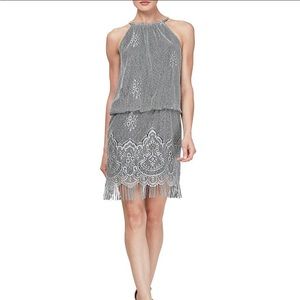 Ignite Evenings Halter Chain Crochet Fringe Blouson Slip Dress